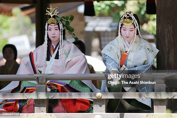 Waka Nishimura , wearing a 12-layered ceremonial kimono called 'Junihitoe', performs the 'Misogi-no-Gi ' at Kamigamo Jinja Shrine ahead of Aoi...