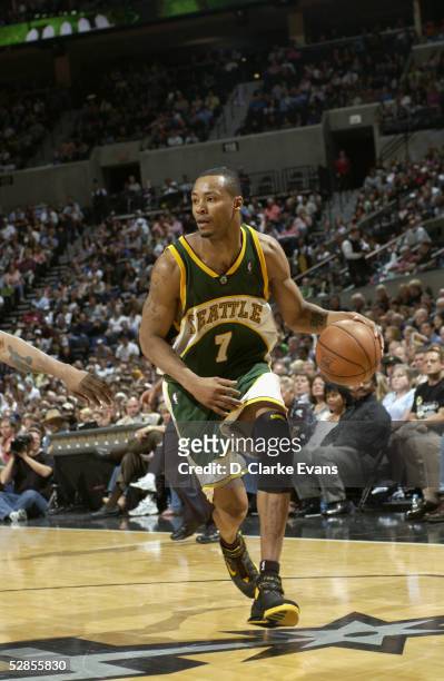 Rashard Lewis of the Seattle Sonics drives against the San Antonio Spurs in Game one of the Western Conference Semifinals during the 2005 NBA...