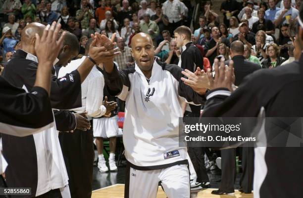 Bruce Bowen of the San Antonio Spurs is introduced to the fans in Game one of the Western Conference Semifinals against the Seattle Sonics during the...