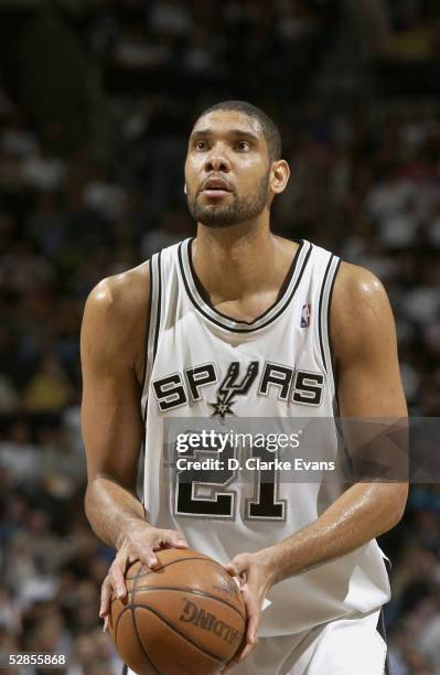 Tim Duncan of the San Antonio Spurs shoots a free throw against the Seattle Sonics in Game one of the Western Conference Semifinals during the 2005...