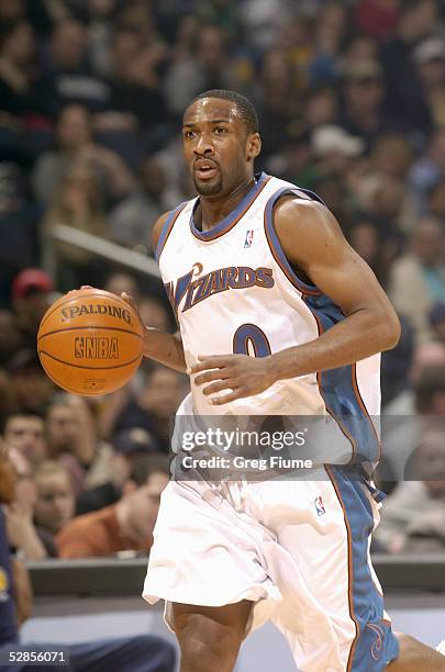 Gilbert Arenas of the Washington Wizards moves the ball against the Indiana Pacers during the game at MCI Center on April 3, 2005 in Washington, D.C....