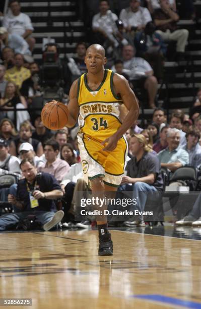 Ray Allen of the Seattle Sonics drives against the San Antonio Spurs in Game two of the Western Conference Semifinals during the 2005 NBA Playoffs at...