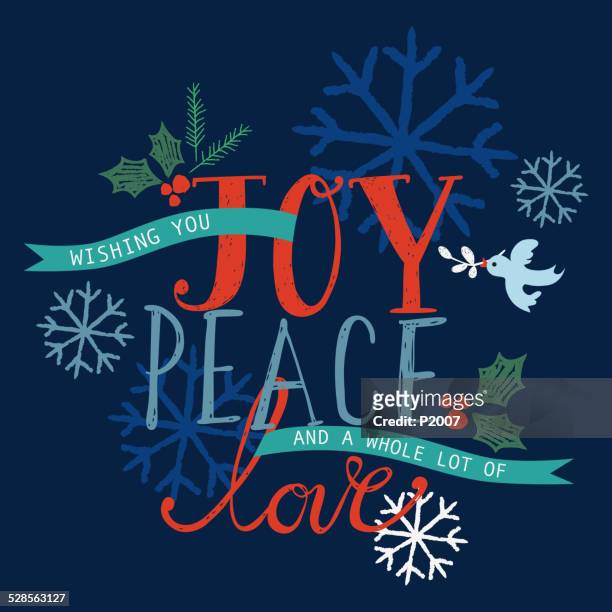 ilustrações, clipart, desenhos animados e ícones de joy, de paz e amor cartão de festas de fim de ano - alegria