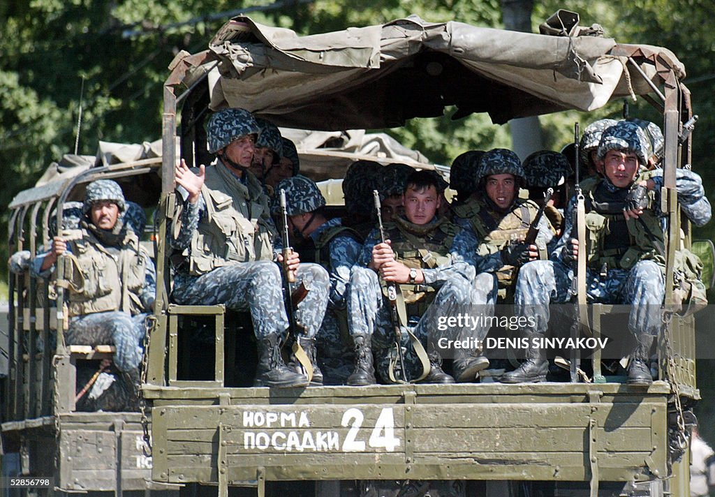 Uzbekistan's special forces soldiers sit