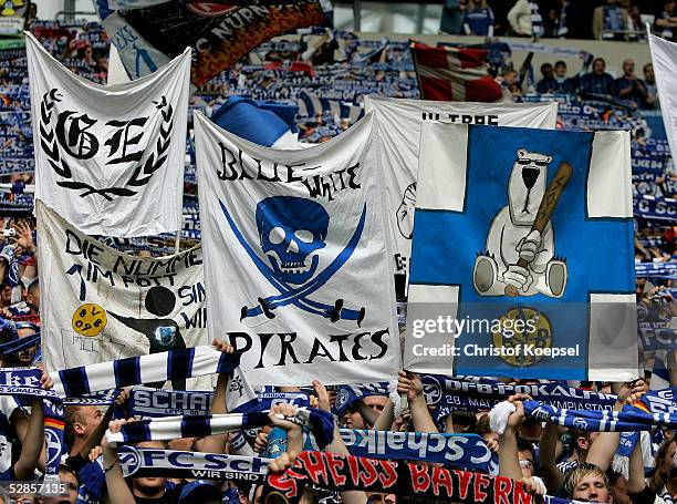 Banner in the Schalke fan corner during the Bundesliga Match between Schalke 04 and Borussia Dortmund at the Arena AufSchalke on May 14, 2005 in...