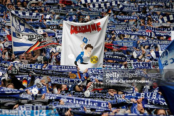 Banner in the Schalke fan corner during the Bundesliga Match between Schalke 04 and Borussia Dortmund at the Arena AufSchalke on May 14, 2005 in...