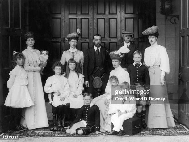 Members of the British royal family at Balmoral, circa 1905. Standing, left to right: Princess Mary , Queen Alexandra , Princess Louise, Duchess Of...