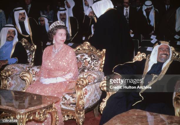 Queen Elizabeth II of Great Britain in Bahrain during her tour of the Gulf, 1979.
