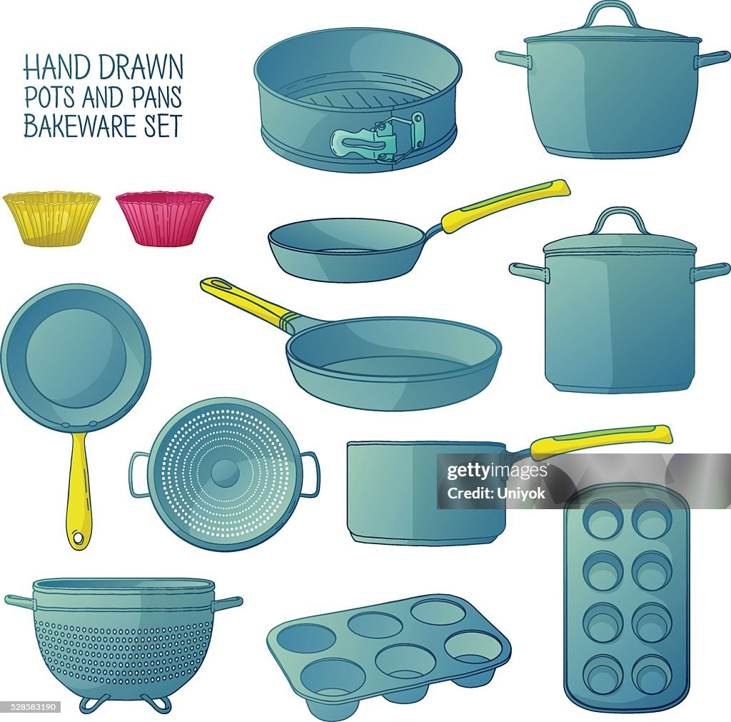 Cartoon Kitchen Utensils For Baking Frying Pan Saucepan A Colander High-Res  Vector Graphic - Getty Images