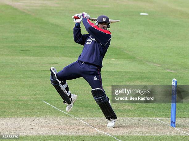 Paul Weekes of Middlesex hits out during the Cheltenham & Gloucester Trophy match between Middlesex and Northamptonshire at Lords on May 17, 2005 in...