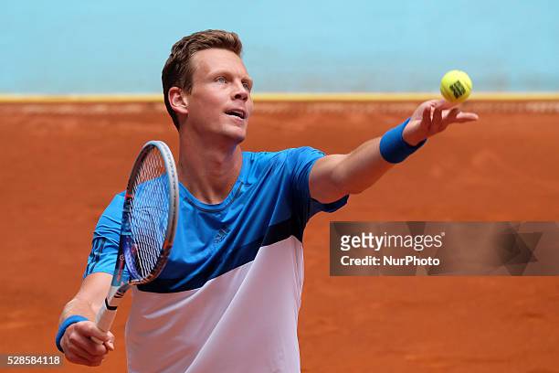 Tomas Berdych in action against David Ferrer in their third round match during day six of the Mutua Madrid Open tennis tournament at the Caja Magica...