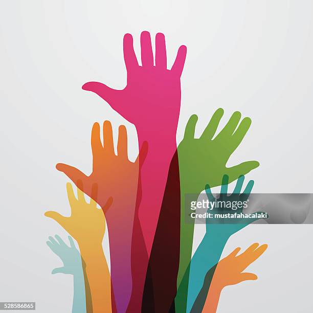 raised colourful hands - hand raised vector stock illustrations