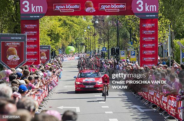 Rider competes near the finish line during the first stage of the Giro d'Italia 2016 at Apeldoorn, Netherlands, on May 6 an individual time trial...