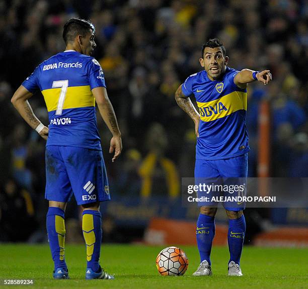 Argentina's Boca Juniors forward Carlos Tevez gestures during their Copa Libertadores 2016 round before the quarterfinals second leg football match...