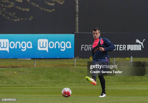 Steven Taylor passes the ball during the Newcastle United Training session at The Newcastle United Training Centre on May 6 in Newcastle upon Tyne,...