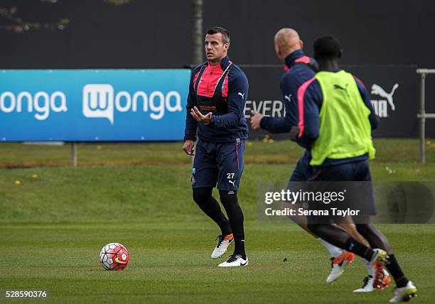 Steven Taylor looks to pass the ball during the Newcastle United Training session at The Newcastle United Training Centre on May 6 in Newcastle upon...