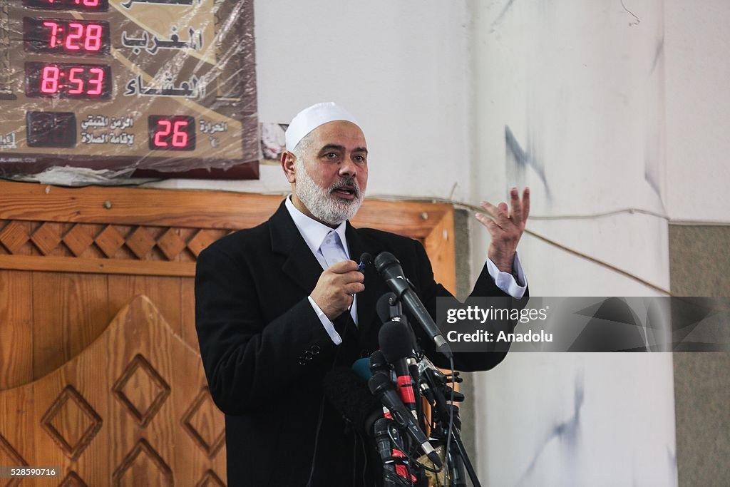 Senior Political Leader of Hamas Ismail Haniyeh conducts Friday's Khutbah...