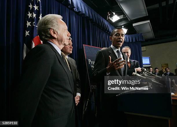 Sen. Barack Obama speaks out on the proposed "nuclear option" proposed by Republican members of the Senate during a news conference with Sen. Joe...