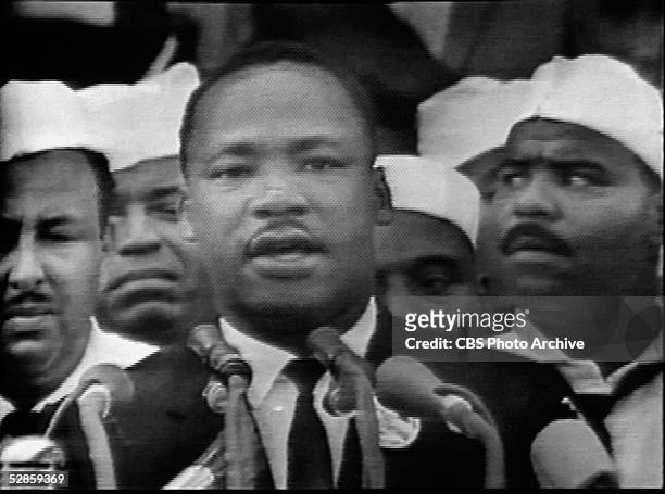 Screen capture from the CBS national broadcast of the 'I Have a Dream' speech of American civil rights leader Martin Luther King Jr. , Washington,...