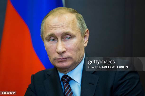 Russian President Vladimir Putin attends a meeting with Japanese Prime Minister at the Bocharov Ruchei state residence in Sochi on May 6, 2016.