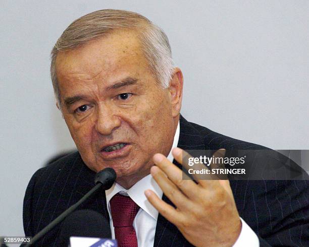 Uzbek President Islam Karimov addresses the media during a press conference at the Prosecutor General's office in Tashkent, 17 May 2005. Uzbekistan's...