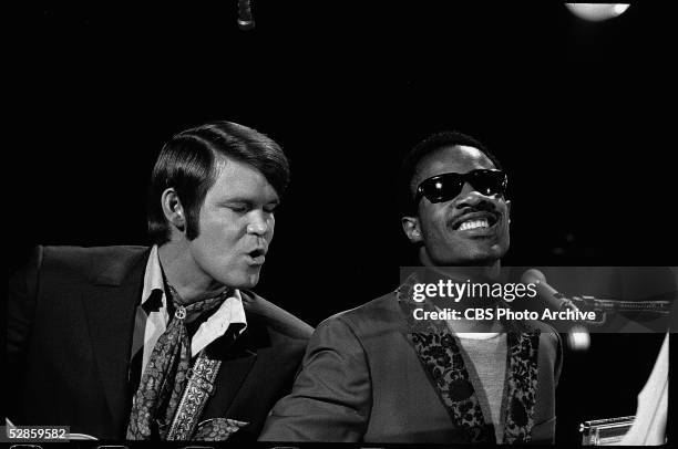 American musicians Glenn Campbell and Stevie Wonder perform during Wonder's guest appearance on Campbell's TV variety series, 'The Glen Campbell...