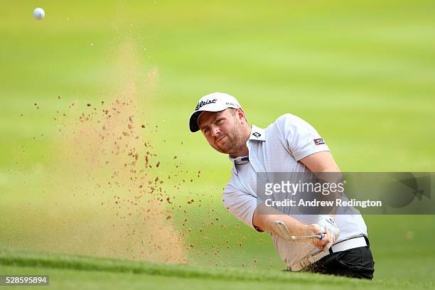 Max Orrin of England plays out of a bunker on the 16th hole during the second round of the Trophee Hassan II at Royal Golf Dar Es Salam on May 6,...