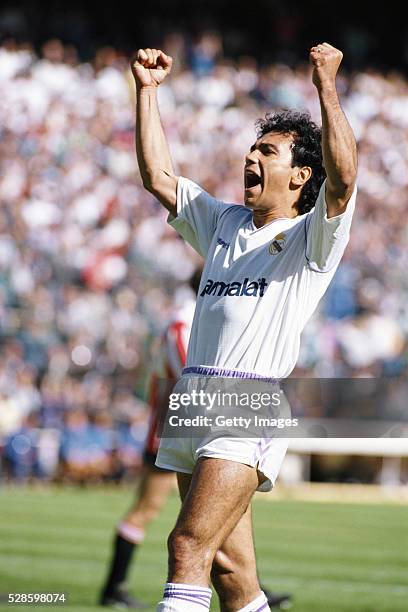 Real Madrid striker Hugo Sanchez celebrates a goal during a match against Logroneso in 1989 in Madrid, Spain