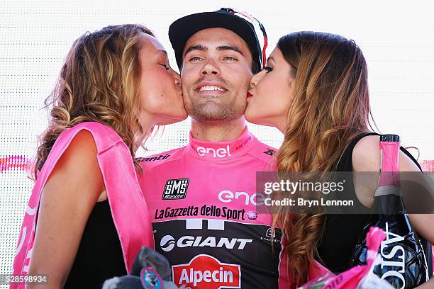 Tom Dumoulin of The Netherlands and Team Giant - Alpecin celebrates on the podium after winning stage one of the 2016 Giro, a 9.8km individual...