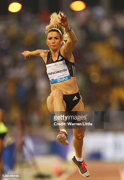 Paraskevi Papachristou of Greece competes in the Women's Triple Jump final during the Doha IAAF Diamond League 2016 meeting at Qatar Sports Club on...