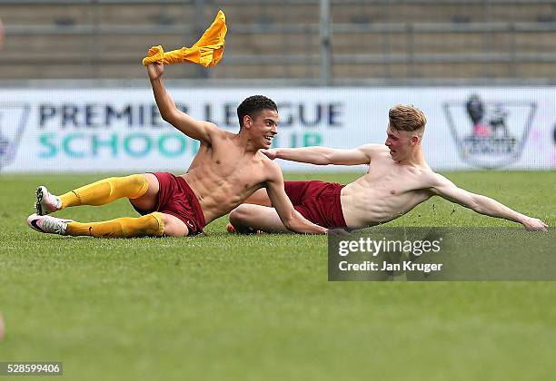 Morgan Gibbs-White and Josh Hesson of Thomas Telford School celebrates victory during the Premier League U16 Open Schools' final between Dorothy...