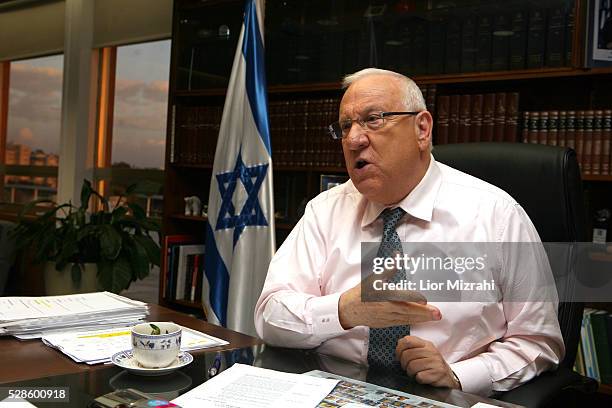 Israeli Speaker of the Knesset Reuven Rivlin speaks during an interview on January 24, 2010 in Jerusalem, Israel.