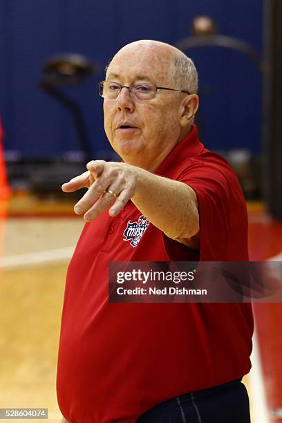 Mike Thibault of the Washington Mystics coaches during an all access practice on May 4, 2016 at Verizon Center in Washington, DC. NOTE TO USER: User...