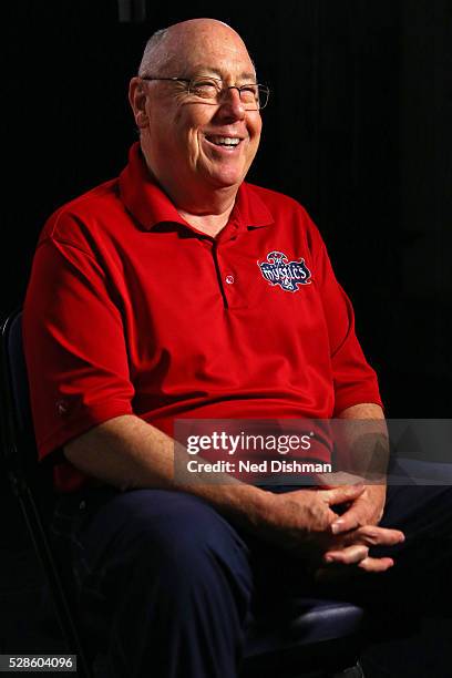 Mike Thibault of the Washington Mystics talks to the media at an interview after an all access practice on May 4, 2016 at Verizon Center in...