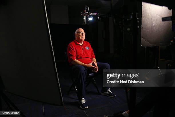 Mike Thibault of the Washington Mystics talks to the media at an interview after an all access practice on May 4, 2016 at Verizon Center in...