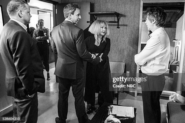 Episode 365 -- Pictured: Michael Shoemaker, Producer, Seth Meyers, host, musical guest Cyndi Lauper and comedian Dana Carvey backstage on May 5, 2016...