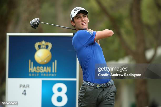 Renato Paratore of Italy hits his tee shot on the eighth hole during the second round of the Trophee Hassan II at Royal Golf Dar Es Salam on May 6,...