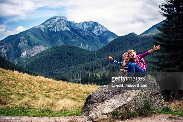 po'di escursionisti di riposo sulla grande pietra e in posa. - tatra mountains foto e immagini stock