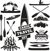 Set of canoe and kayak design elements. Two man in