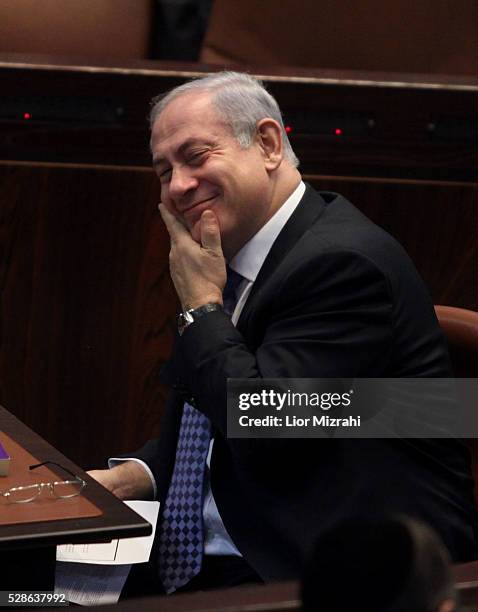 Israeli Prime Minister Benjamin Netanyahu smiles during a session of the Knesset, Israeli Parliament, on December 29, 2010 in Jerusalem, Israel.