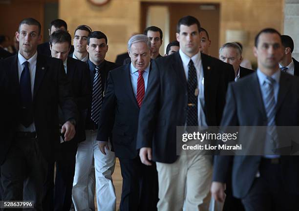 Israeli Prime Minister Benjamin Netanyahu walks Surrounded by bodyguards in the Knesset, Israeli Parliament on January 03, 2011 in Jerusalem, Israel.