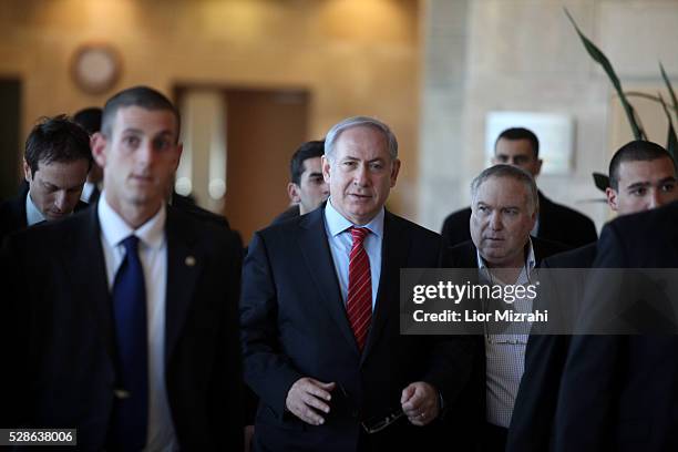 Israeli Prime Minister Benjamin Netanyahu walks Surrounded by bodyguards in the Knesset, Israeli Parliament on January 03, 2011 in Jerusalem, Israel.