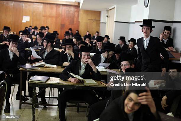 Ultra Orthodox Jewish children study in Belz synagogue on April 14, 2011 in Jerusalem, Israel.