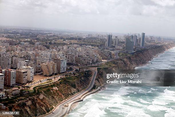 View from a plane to the Israeli city of Netanya from the Mediterranean sea on April 16, 2013.