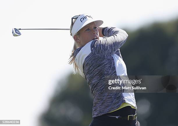 Jacqui Concolino watches her tee shot on the seventh hole during the second round of the Yokohama Tire Classic on May 06, 2016 in Prattville, Alabama.