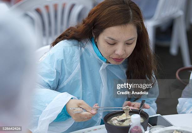 Chinese visitor tasting a samgyetang as South Koreas capital Seoul is bustling with a huge group of tasting samgyetang in Seoul, South Korea on May...