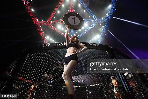 The ring girl is seen during One Championship: Ascent to Power at Singapore Indoor Stadium on May 6, 2016 in Singapore.