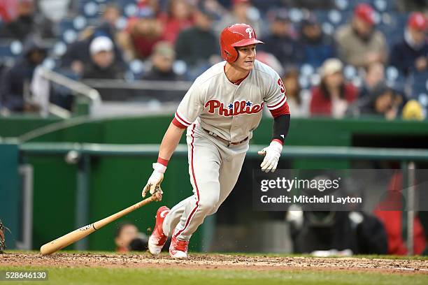 David Lough of the Philadelphia Phillies takes a swing during a baseball game against the Washington Nationals at Nationals Park on April 28, 2016 in...