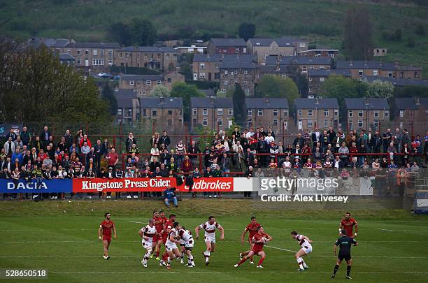 General view is seen as Catalan Dragons attack Batley Bulldogs during the Ladbrokes Challenge Cup Sixth Round match between Batley Bulldogs and...
