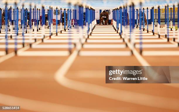 David Oliver of the United States lines up ahead of the Men's 110 metres Hurdles final during the Doha IAAF Diamond League 2016 meeting at Qatar...